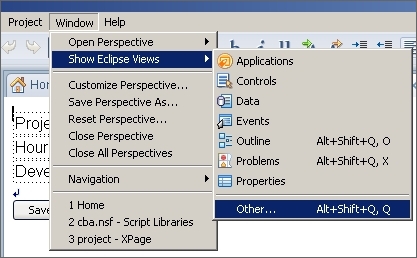IBM Domino Designer in Eclipse: Window\Show Eclipse View\Other...