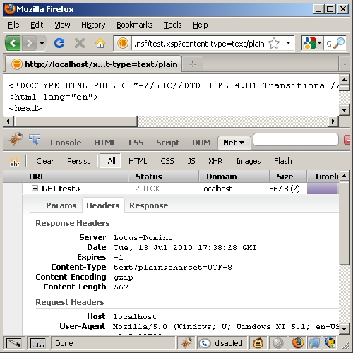 IBM Lotus Notes Domino XPage rendered as 'text/plain' Content-Type