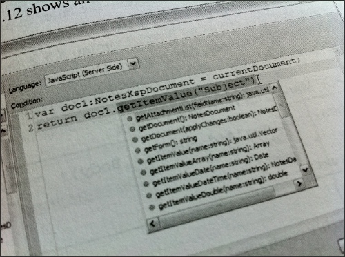 Mastering XPages - Chapter 7, Figure 7.12: Document methods exposed using the JavaScript editor