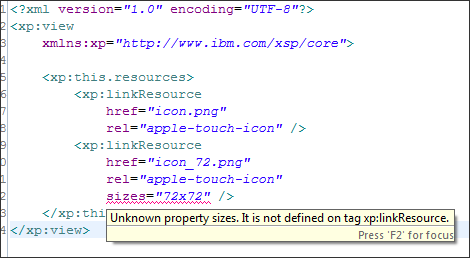 XPages Source: 'sizes' Property not recognized for xp:linkResource XPages Resources.